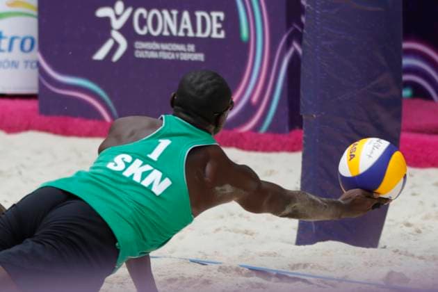 June 22, 2024, Tlaxcala, Ciudad de Mexico, Mexico: Nage Hendrickson 1 of Team Saint Kitts y Nevis competes against Team Costa Rica during the Men s match of Norceca 2024 Beach volleyball, Beachvolleyball Olympic Qualification Tournament . Costa Rica defeats Saint Kitts y Nevis 2 sets to 0. Tlaxcala Mexico - ZUMAe321 20240622_zsa_e321_018 Copyright: xEssenexHernandez xEyepixxGroupx