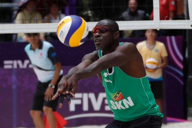 June 22, 2024, Tlaxcala, Ciudad de Mexico, Mexico: Nage Hendrickson 1 of Team Saint Kitts y Nevis competes against Team Costa Rica during the Men s match of Norceca 2024 Beach volleyball, Beachvolleyball Olympic Qualification Tournament . Costa Rica defeats Saint Kitts y Nevis 2 sets to 0. Tlaxcala Mexico - ZUMAe321 20240622_zsa_e321_028 Copyright: xEssenexHernandez xEyepixxGroupx