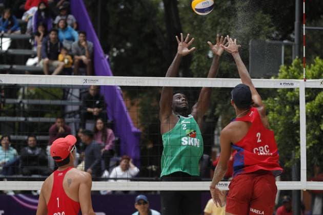 June 22, 2024, Tlaxcala, Ciudad de Mexico, Mexico: Jhostin Varela 2 of Team Costa Rica competes against St. Clair Hodge 2 of Team Saint Kitts y Nevis during the Men s match of Norceca 2024 Beach volleyball, Beachvolleyball Olympic Qualification Tournament . Costa Rica defeats Saint Kitts y Nevis 2 sets to 0. Tlaxcala Mexico - ZUMAe321 20240622_zsa_e321_010 Copyright: xEssenexHernandez xEyepixxGroupx