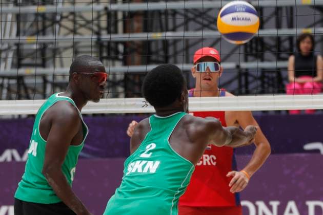 June 22, 2024, Tlaxcala, Ciudad de Mexico, Mexico: St. Clair Hodge 2 of Team Saint Kitts y Nevis competes against Daniel Dyner 1 of Team Costa Rica during the Men s match of Norceca 2024 Beach volleyball, Beachvolleyball Olympic Qualification Tournament . Costa Rica defeats Saint Kitts y Nevis 2 sets to 0. Tlaxcala Mexico - ZUMAe321 20240622_zsa_e321_016 Copyright: xEssenexHernandez xEyepixxGroupx