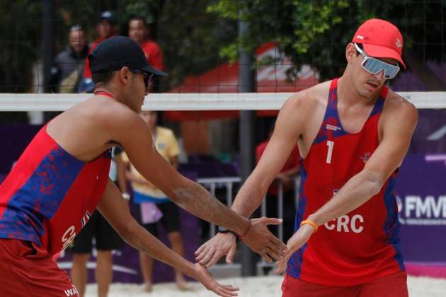 June 22, 2024, Tlaxcala, Ciudad de Mexico, Mexico: Daniel Dyner 1 and Jhostin Varela 2 of Team Costa Rica celebrating against Team Saint Kitts y Nevis during the Men s match of Norceca 2024 Beach volleyball, Beachvolleyball Olympic Qualification Tournament . Costa Rica defeats Saint Kitts y Nevis 2 sets to 0. Tlaxcala Mexico - ZUMAe321 20240622_zsa_e321_029 Copyright: xEssenexHernandez xEyepixxGroupx