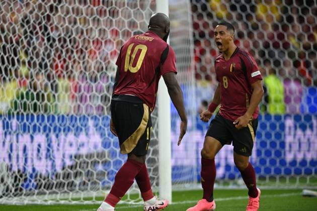 Romelu Lukaku (Belgium)Youri Tielemans (Belgium) celebrates after scoring his team s first goal during the UEFA EURO, EM, Europameisterschaft,Fussball Germany 2024 match between Belgium 2-0 Romania at Cologne Stadium on June 22, 2024 in Cologne, Germany. Noxthirdxpartyxsales  (257331259)