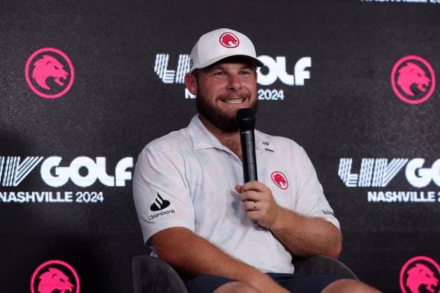 COLLEGE GROVE, TN - JUNE 22: Tyrrell Hatton (ENG) during the press conference, PK, Pressekonferenz after the second round of LIV Golf Nashville on June 22, 2024 at the Grove Golf Course in College Grove, Tennessee. (Photo by Michael Wade Icon Sportswire) GOLF: JUN 22 LIV Golf League Nashville EDITORIAL USE ONLY Icon06224104