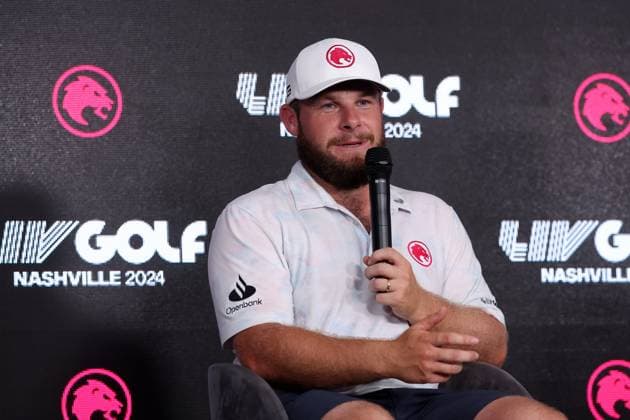 COLLEGE GROVE, TN - JUNE 22: Tyrrell Hatton (ENG) during the press conference, PK, Pressekonferenz after the second round of LIV Golf Nashville on June 22, 2024 at the Grove Golf Course in College Grove, Tennessee. (Photo by Michael Wade Icon Sportswire) GOLF: JUN 22 LIV Golf League Nashville EDITORIAL USE ONLY Icon06224105