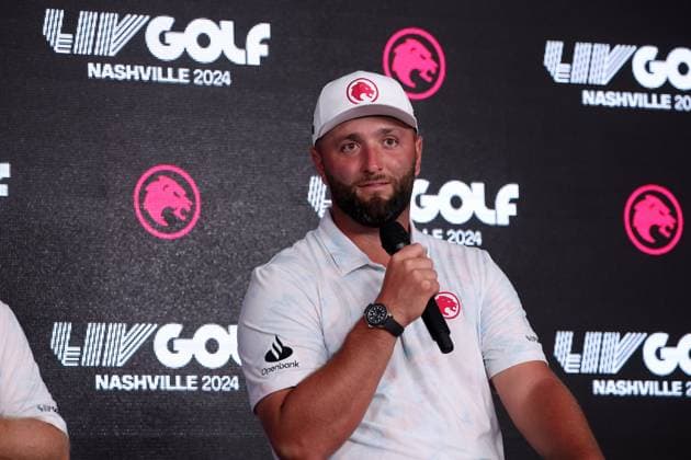 COLLEGE GROVE, TN - JUNE 22: TJon Rahm (ESP) during the press conference, PK, Pressekonferenz after the second round of LIV Golf Nashville on June 22, 2024 at the Grove Golf Course in College Grove, Tennessee. (Photo by Michael Wade Icon Sportswire) GOLF: JUN 22 LIV Golf League Nashville EDITORIAL USE ONLY Icon06224106