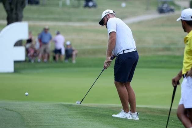 COLLEGE GROVE, TN - JUNE 22: Tyrrell Hatton (ENG) chips in for a birdie on the 13th hole during the second round of LIV Golf Nashville on June 22, 2024 at the Grove Golf Course in College Grove, Tennessee. (Photo by Michael Wade Icon Sportswire) GOLF: JUN 22 LIV Golf League Nashville EDITORIAL USE ONLY Icon0622478