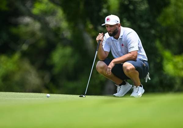 COLLEGE GROVE, TN - JUNE 22: Jon Rahm (ESP) of Legion XIII looks over a putt during the Nashville LIV Golf Tournament on June 22, 2024, at The Grove in College Grove, TN. (Photo by Bryan Lynn Icon Sportswire) GOLF: JUN 22 LIV Golf League Nashville EDITORIAL USE ONLY Icon240622010