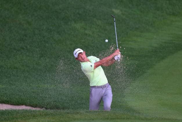 CROMWELL, CT - JUNE 22: Collin Morikawa of United States hits out of the 15th green bunker during the third round of the 2024 Travelers Championship on June 22, 2024, at TPC River Highlands in Cromwell, CT. (Photo by M. Anthony Nesmith Icon Sportswire) GOLF: JUN 22 PGA, Golf Herren Travelers Championship EDITORIAL USE ONLY Icon240622502024