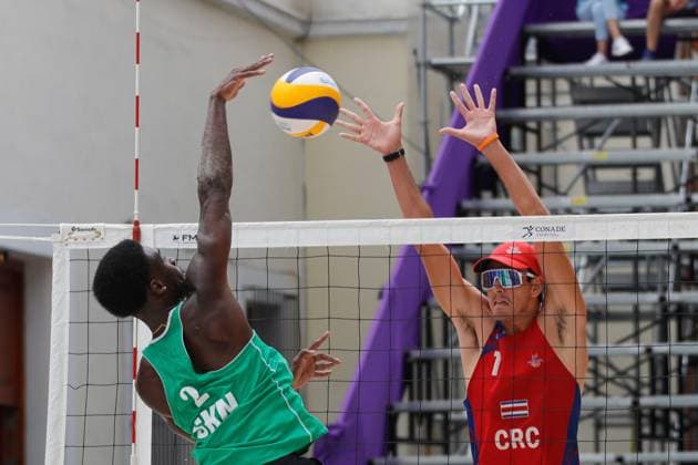 Norceca 2024 Beach volleyball, Beachvolleyball Olympic Qualification Tournament Daniel Dyner 1 of Team Costa Rica competes against St. Clair Hodge 2 of Team Saint Kitts y Nevis during the Men s match of Norceca 2024 Beach Volleyball Olympic Qualification Tournament . Costa Rica defeats Saint Kitts y Nevis 2 sets to 0. on June 22, 2024 in Tlaxcala, Mexico. (Photo by Essene Hernandez Eyepix Group) Tlaxcala Tlaxcala Mexico Copyright: xEssenexHernandezxxEyepixxGroupx