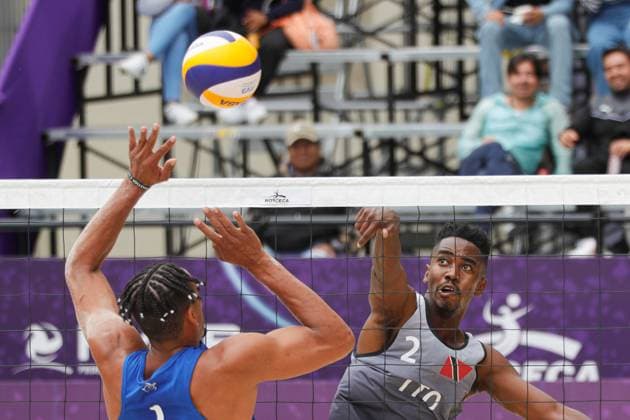 Norceca 2024 Beach volleyball, Beachvolleyball Olympic Qualification Tournament Stephen Enile 2 of Team Trinidad and Tobago competes against Andy Leonardo Blanco 1 of Team Guatemala during the Men s match of Norceca 2024 Beach Volleyball Olympic Qualification Tournament . Guatemala defeats of Team Trinidad and Tobago 2 sets to 0. on June 22, 2024 in Tlaxcala, Mexico. (Photo by Essene Hernandez Eyepix Group) Tlaxcala Tlaxcala Mexico Copyright: xEssenexHernandezxxEyepixxGroupx