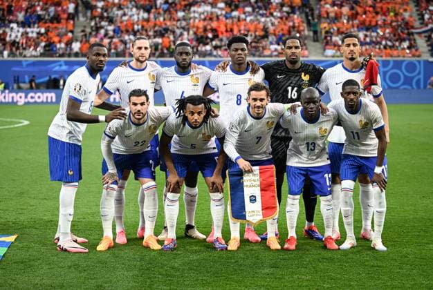 Football Euro 2024 Group D 21 06 2024 Netherlands France Team picture France Marcus Thuram, Adrien Rabiot, Dayot Upamecano, Aurelien Tchouameni, goalkeeper Mike Maignan, William Saliba back from left Theo Hernandez, Jules Kounde, Antoine Griezmann, N Golo Kante and Ousmane Dembele front from left