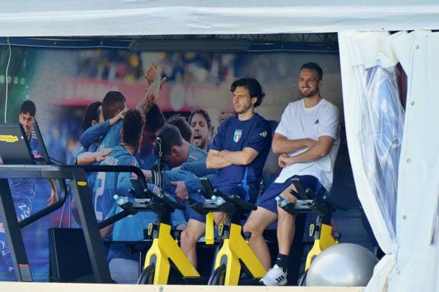 Matteo Darmian of Italy and Federico Gatti of Italy during UEFA EURO, EM, Europameisterschaft,Fussball 2024 - Italy training session, UEFA European Football Championship in Iserlohn, Germany, June 23 2024  Copyright: xx xx IPA_Agency_IPA47397901