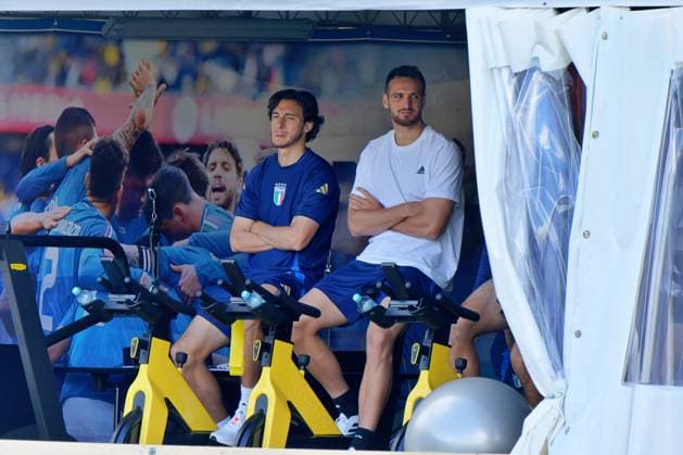 Matteo Darmian of Italy and Federico Gatti of Italy during UEFA EURO, EM, Europameisterschaft,Fussball 2024 - Italy training session, UEFA European Football Championship in Iserlohn, Germany, June 23 2024  Copyright: xx xx IPA_Agency_IPA47397902