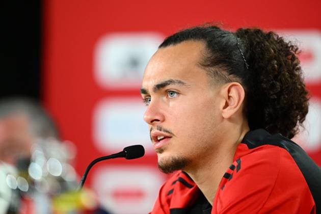 Belgium Media Activities - UEFA EURO, EM, Europameisterschaft,Fussball 2024 23 06 2024 FREIBERG AM NECKA, GERMANY - JUNE 23 : Theate Arthur defender of Belgium talking to the press during a press conference, PK, Pressekonferenz of the Belgian Red Devils at the UEFA EURO 2024 European Football Championship tournament on June 23, 2024 in Freiberg am Necka, Germany, 23 06 2024 Freiberg am Necka Germany  Copyright: xVincentxKalutx