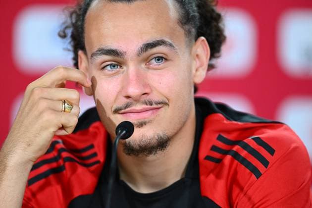 Belgium Media Activities - UEFA EURO, EM, Europameisterschaft,Fussball 2024 23 06 2024 FREIBERG AM NECKA, GERMANY - JUNE 23 : Theate Arthur defender of Belgium talking to the press during a press conference, PK, Pressekonferenz of the Belgian Red Devils at the UEFA EURO 2024 European Football Championship tournament on June 23, 2024 in Freiberg am Necka, Germany, 23 06 2024 Freiberg am Necka Germany  Copyright: xVincentxKalutx