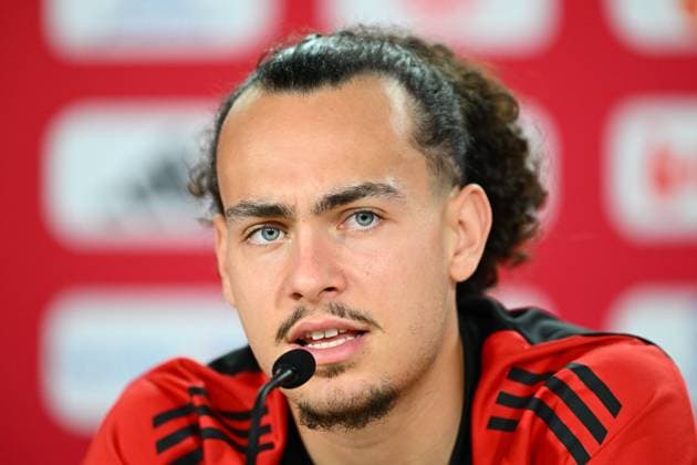 Belgium Media Activities - UEFA EURO, EM, Europameisterschaft,Fussball 2024 23 06 2024 FREIBERG AM NECKA, GERMANY - JUNE 23 : Theate Arthur defender of Belgium talking to the press during a press conference, PK, Pressekonferenz of the Belgian Red Devils at the UEFA EURO 2024 European Football Championship tournament on June 23, 2024 in Freiberg am Necka, Germany, 23 06 2024 Freiberg am Necka Germany  Copyright: xVincentxKalutx
