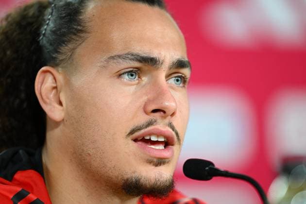 Belgium Media Activities - UEFA EURO, EM, Europameisterschaft,Fussball 2024 23 06 2024 FREIBERG AM NECKA, GERMANY - JUNE 23 : Theate Arthur defender of Belgium talking to the press during a press conference, PK, Pressekonferenz of the Belgian Red Devils at the UEFA EURO 2024 European Football Championship tournament on June 23, 2024 in Freiberg am Necka, Germany, 23 06 2024 Freiberg am Necka Germany  Copyright: xVincentxKalutx