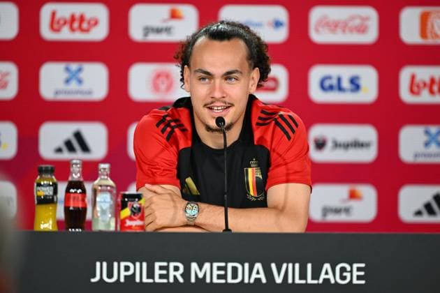 Belgium Media Activities - UEFA EURO, EM, Europameisterschaft,Fussball 2024 23 06 2024 FREIBERG AM NECKA, GERMANY - JUNE 23 : Theate Arthur defender of Belgium talking to the press during a press conference, PK, Pressekonferenz of the Belgian Red Devils at the UEFA EURO 2024 European Football Championship tournament on June 23, 2024 in Freiberg am Necka, Germany, 23 06 2024 Freiberg am Necka Germany  Copyright: xVincentxKalutx