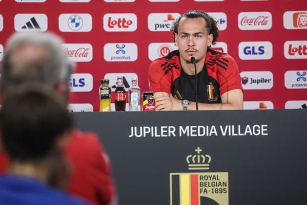 Belgium s Arthur Theate pictured during a press conference, PK, Pressekonferenz of Belgian national soccer team Red Devils, Sunday 23 June 2024 at their base camp in Freiberg am Neckar, Germany, during the UEFA EURO, EM, Europameisterschaft,Fussball 2024 European Soccer Championships. The Red Devils play in Group E at the Euro 2024 European Championships in Germany and have one last game to play. BRUNOxFAHY  x95108979x