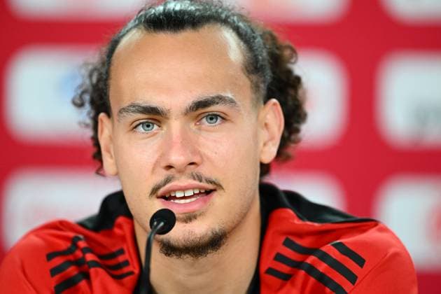Belgium Media Activities - UEFA EURO, EM, Europameisterschaft,Fussball 2024 23 06 2024 FREIBERG AM NECKA, GERMANY - JUNE 23 : Theate Arthur defender of Belgium talking to the press during a press conference, PK, Pressekonferenz of the Belgian Red Devils at the UEFA EURO 2024 European Football Championship tournament on June 23, 2024 in Freiberg am Necka, Germany, 23 06 2024 Freiberg am Necka Germany  Copyright: xVincentxKalutx