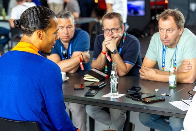 2024-06-23 Media Table Session Netherlands WOLFSBURG, GERMANY - JUNE 23: Virgil van Dijk of the Netherlands talks to media during the media table sessions at Autostadt on June 23, 2024 in Wolfsburg, Germany. (Photo by Peter Lous BSR Agency) Wolfsburg Germany Content not available for redistribution in The Netherlands directly or indirectly through any third parties. Copyright: xBSRxAgencyx