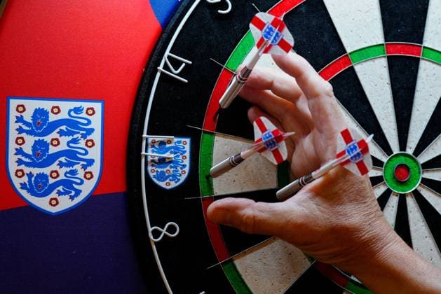 England Captain Harry Kane of England takes on Henry Winter representing the English Media at darts England press conference, PK, Pressekonferenz UEFA European Championship, EM, Europameisterschaft 2024, Group C, Football, Spa & Golf Resort Weimarer Land, Blankenhain, Germany, 23 Jun 2024 EDITORIAL USE ONLY No use with unauthorised audio, video, data, fixture lists, club league logos or live services. Online in-match use limited to 120 images, no video emulation. No use in betting, games or single club league player publications. Copyright: xDavexShopland Shutterstockx 14548020b