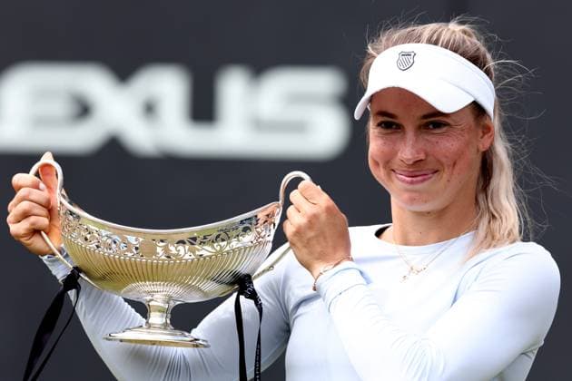23rd June 2024; Edgbaston Priory Club, Birmingham, England: Rothesay Tennis Classic Birmingham, Day 7; Yulia Putintseva (KAZ) celebrates with the Rothesay Tennis Classic Birmingham trophy after winning the womens singles final against  ActionPlus12659152 ShaunxBrooks