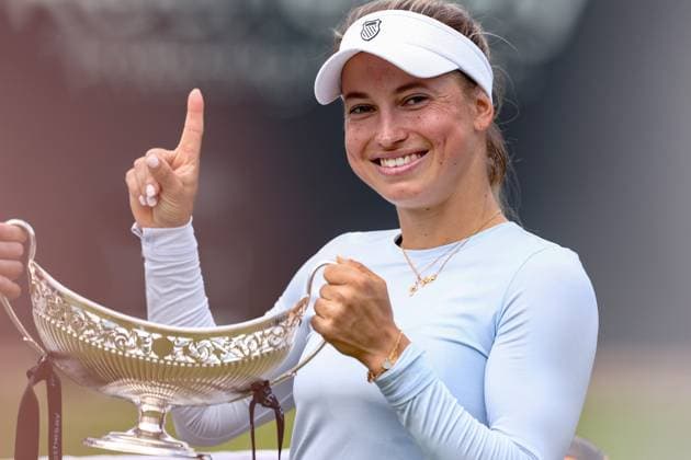 23rd June 2024; Edgbaston Priory Club, Birmingham, England: Rothesay Tennis Classic Birmingham, Day 7; Yulia Putintseva (KAZ) celebrates with the trophy after winning the womens singles final against Ajla Tomljanovic (AUS)  ActionPlus12659153 ShaunxBrooks