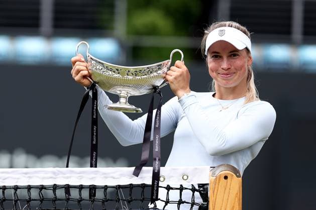 23rd June 2024; Edgbaston Priory Club, Birmingham, England: Rothesay Tennis Classic Birmingham, Day 7; Yulia Putintseva (KAZ) celebrates with the trophy after winning the womens singles final against Ajla Tomljanovic (AUS)  ActionPlus12659156 ShaunxBrooks