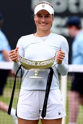 23rd June 2024; Edgbaston Priory Club, Birmingham, England: Rothesay Tennis Classic Birmingham, Day 7; Yulia Putintseva (KAZ) celebrates with the trophy after winning the womens singles final against Ajla Tomljanovic (AUS)  ActionPlus12659161 ShaunxBrooks