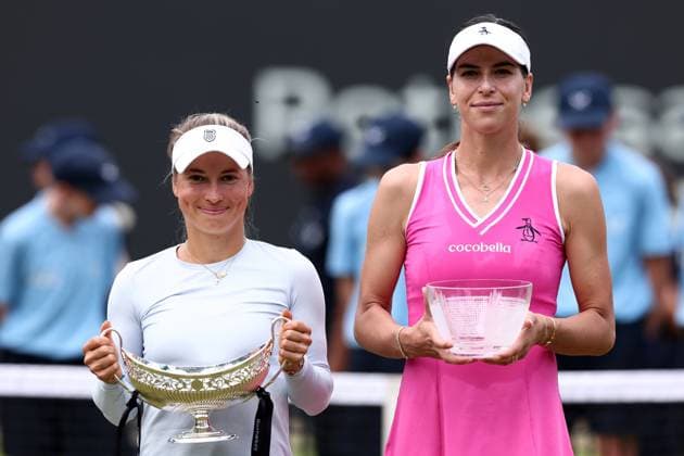 23rd June 2024; Edgbaston Priory Club, Birmingham, England: Rothesay Tennis Classic Birmingham, Day 7; Yulia Putintseva (KAZ) with the Rothesay Tennis Classic Birmingham trophy and runner up Ajla Tomljanovic (AUS)  ActionPlus12659162 ShaunxBrooks