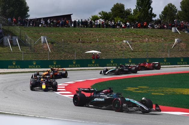 F1 Spanish Grand Prix 2024 George Russell of Mercedes, Max Verstappen of Red Bull Racing, Lando Norris of McLaren, Lewis Hamilton of Mercedes and Charles Leclerc of Ferrari during the Formula 1 Spanish Grand Prix at Circuit de Barcelona-Catalunya in Barcelona, Spain on June 23, 2024. Barcelona Spain  Copyright: xJakubxPorzyckix originalFilename:porzycki-f1spanis240623_np9TO.jpg