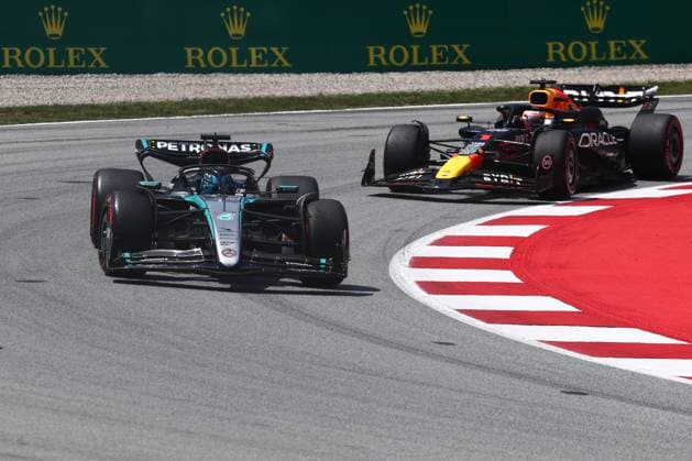 F1 Spanish Grand Prix 2024 George Russell of Mercedes and Max Verstappen of Red Bull Racing during the Formula 1 Spanish Grand Prix at Circuit de Barcelona-Catalunya in Barcelona, Spain on June 23, 2024. Barcelona Spain  Copyright: xJakubxPorzyckix originalFilename:porzycki-f1spanis240623_npmvi.jpg
