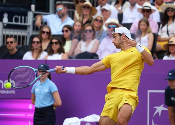 23rd June 2024; Cinch Championships, Queens Club, West Kensington, London, England: Cinch Championships Queens Club, Day 7; Lorenzo Musetti (ITA) with a forehand shot to Tommy Paul (USA), mens singles final match  ActionPlus12659186 JohnxPatrickxFletcher