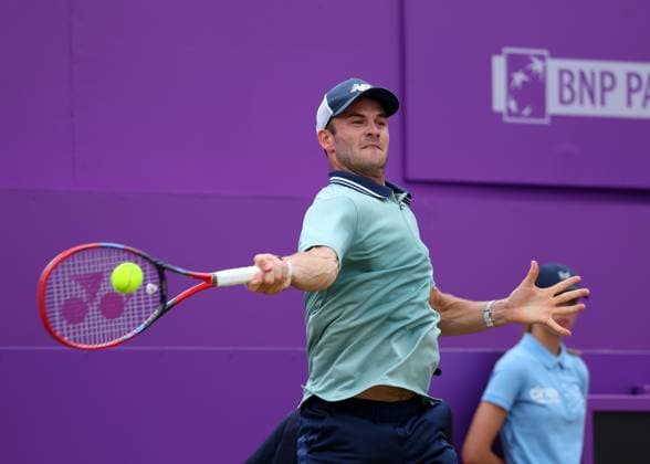 23rd June 2024; Cinch Championships, Queens Club, West Kensington, London, England: Cinch Championships Queens Club, Day 7; Tommy Paul (USA) with a forehand shot to Lorenzo Musetti (ITA), mens singles final match  ActionPlus12659193 JohnxPatrickxFletcher