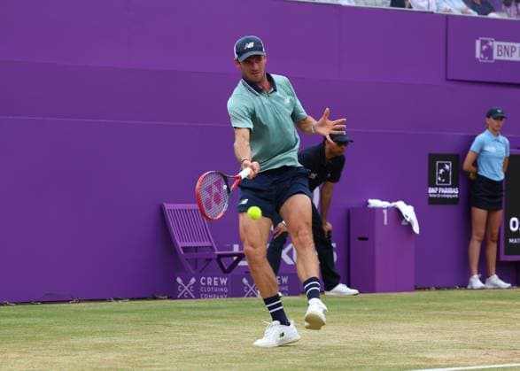 23rd June 2024; Cinch Championships, Queens Club, West Kensington, London, England: Cinch Championships Queens Club, Day 7; Tommy Paul (USA) with a forehand shot to Lorenzo Musetti (ITA), mens singles final match  ActionPlus12659188 JohnxPatrickxFletcher