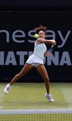 23rd June 2024; Devonshire Park, Eastbourne, East Sussex, England: Rothesay International Eastbourne, Qualifying Day 2, Ranah Akua Stoiber (GBR) plays a forehand against Magda Linette (POL) in their Qualification Final  ActionPlus12659227 HongboxChen