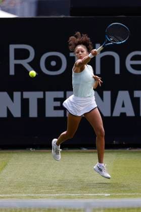 23rd June 2024; Devonshire Park, Eastbourne, East Sussex, England: Rothesay International Eastbourne, Qualifying Day 2, Ranah Akua Stoiber (GBR) plays a forehand against Magda Linette (POL) in their Qualification Final  ActionPlus12659228 HongboxChen