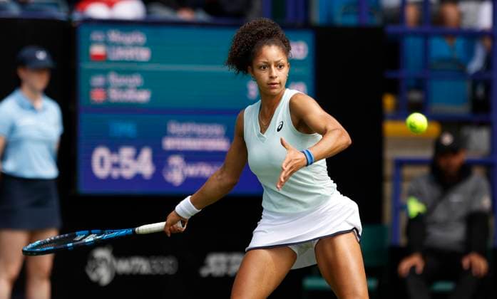 23rd June 2024; Devonshire Park, Eastbourne, East Sussex, England: Rothesay International Eastbourne, Qualifying Day 2, Ranah Akua Stoiber (GBR) plays a forehand against Magda Linette (POL) in their Qualification Final  ActionPlus12659245 HongboxChen