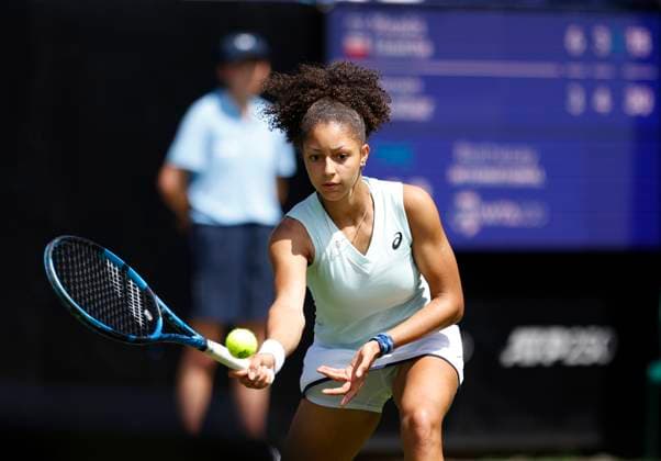 23rd June 2024; Devonshire Park, Eastbourne, East Sussex, England: Rothesay International Eastbourne, Qualifying Day 2, Ranah Akua Stoiber (GBR) plays a forehand against Magda Linette (POL) in their Qualification Final  ActionPlus12659249 HongboxChen