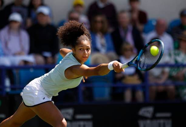 23rd June 2024; Devonshire Park, Eastbourne, East Sussex, England: Rothesay International Eastbourne, Qualifying Day 2, Ranah Akua Stoiber (GBR) plays a backhand against Magda Linette (POL) in their Qualification Final  ActionPlus12659251 HongboxChen