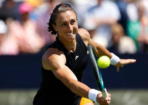 23rd June 2024; Devonshire Park, Eastbourne, East Sussex, England: Rothesay International Eastbourne, Qualifying Day 2, Petra Martic (CRO) plays a forehand against Elina Avanesyan in their Qualification Final  ActionPlus12659256 HongboxChen