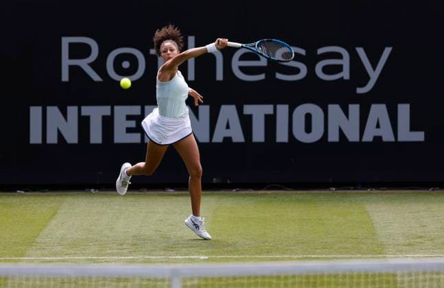 23rd June 2024; Devonshire Park, Eastbourne, East Sussex, England: Rothesay International Eastbourne, Qualifying Day 2, Ranah Akua Stoiber (GBR) plays a forehand against Magda Linette (POL) in their Qualification Final  ActionPlus12659229 HongboxChen