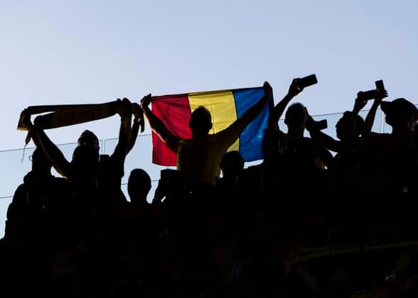 Koeln, RheinEnergieStadion, 22 06 2024 Fan from romania with the national flag during the match UEFA European Championship 2024 Belgium v Romania