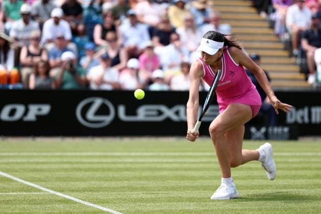 23rd June 2024; Edgbaston Priory Club, Birmingham, England: Rothesay Tennis Classic Birmingham, Day 7; Ajla Tomljanovic (AUS) volleys at the net during her womens singles final match against Yulia Putintseva (KAZ)  ActionPlus12659278 ShaunxBrooks