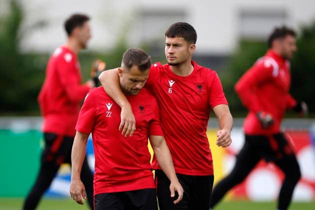 Albania s Amir Abrashi (L) and Medon Berisha (R) take part in a training session held in Kaiserau, Germany, 23 June 2024. Albania will face Spain in their Euro2024 soccer match on 24 June. Training session of Spain !ACHTUNG: NUR REDAKTIONELLE NUTZUNG!  Copyright: xAlbertoxEstevezx GRAF5735 20240623-55013954294_1