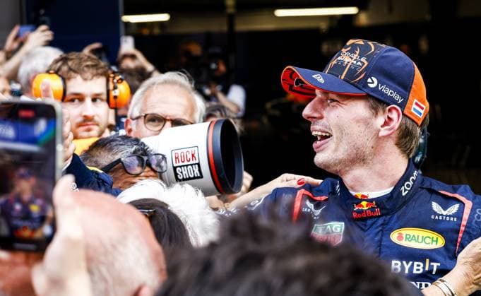 MONTMELO - Max Verstappen (Red Bull Racing) celebrates his victory during the Formula 1 Grand Prix of Spain at the Circuit de Catalunya. ANP SEM VAN DER WAL xVIxANPxSportx xxANPxIVx 501857601 originalFilename: 501857601.jpg