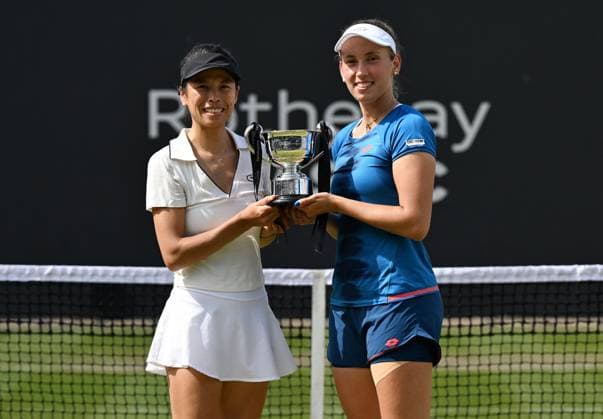 Su-Wei Hsieh of Taiwan and Elise Mertens of Belgium celebrate with the trophy after winning the doubles final Rothesay Classic Birmingham, Day 7, Tennis, Edgbaston Priory Club, Birmingham, UK - 23 June 2024  Copyright: xAnnaxGowthorpe Shutterstockx 14543331ax