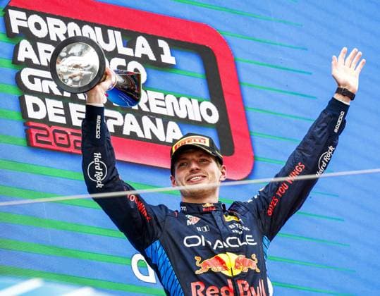 MONTMELO - Max Verstappen (Red Bull Racing) celebrates his victory during the Formula 1 Grand Prix of Spain at the Circuit de Catalunya. ANP SEM VAN DER WAL xVIxANPxSportx xxANPxIVx 501858594 originalFilename: 501858594.jpg