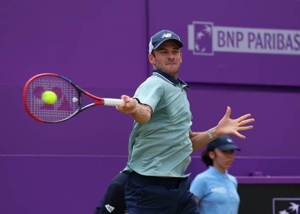 23rd June 2024; Cinch Championships, Queens Club, West Kensington, London, England: Cinch Championships Queens Club, Day 7; Tommy Paul (USA) with a forehand shot to Lorenzo Musetti (ITA), mens singles finals match  ActionPlus12659297 JohnxPatrickxFletcher